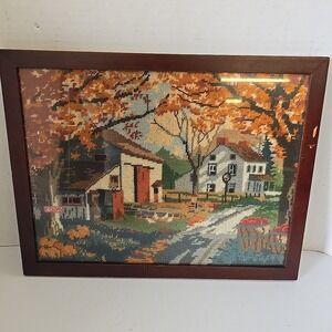 Finished Needlepoint  Autumn Lane 1988 Mildred Kratz Framed  Farmhouse Barn Eggs